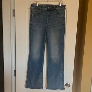 Blue Flare Wide Leg Jeans with Mid Rise and Full Length